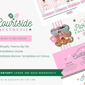 Puede incluir: Un gr&aacute;fico rosa y verde de Courtside Aesthetic con el texto "&iquest;Qu&eacute; est&aacute; incluido?" y una lista de las caracter&iacute;sticas del tema Shopify. La imagen tambi&eacute;n presenta un banner de "Pickleball Collection" y comentarios de clientes.