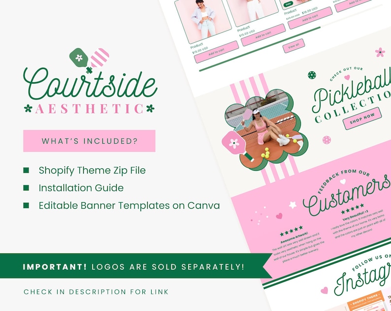Puede incluir: Un gr&aacute;fico rosa y verde de Courtside Aesthetic con el texto "&iquest;Qu&eacute; est&aacute; incluido?" y una lista de las caracter&iacute;sticas del tema Shopify. La imagen tambi&eacute;n presenta un banner de "Pickleball Collection" y comentarios de clientes.