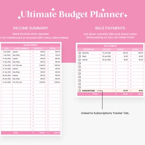 May include: A pink budget planner with two sections: Income Summary and Bills Payments. The Income Summary section has a table with columns for date, client/business, expected income, and actual income. The Bills Payments section has a table with columns for description, due date, budget, and actual. The text "Ultimate Budget Planner+ " is at the top of the page.
