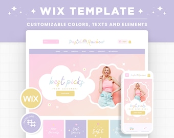 Wix Template in Pastel Rainbow - Colorful Rainbow Purple Blue Wix Website Theme, Editable Canva Customizable Wix Web Shop Design Templates