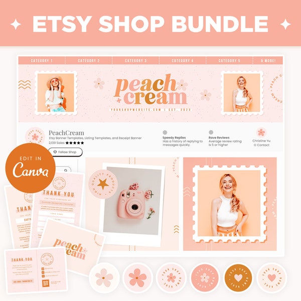 Etsy Shop Banner Templates, Peach Pink Gold Aesthetic Etsy Branding Kit Template Editable Canva Banner Mockup Templates Etsy Shop Kit