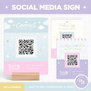 Social Media Schild Vorlage in Pastell Regenbogen rosa lila ästhetische, niedliche anpassbare Social Media QR-Code Anzeige druckbare Vorlage - PRB