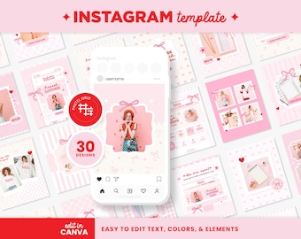 Puede incluir: Un conjunto de plantillas digitales para Instagram con 30 diseños en rosa pastel, gráficos de lazos, iconos de corazones y cuadrículas. La pantalla central del smartphone muestra una interfaz rosa con una persona con sombrero rojo.