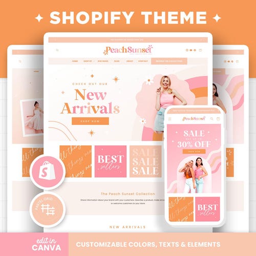 Shopify Theme Pink Peach Orange Customizable Colors Shopify Template Editable Canva Banners Boutique Feminine Aesthetic Shopify Theme - PSS