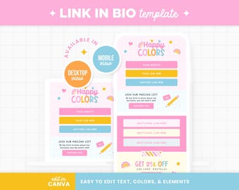 Link in Bio Canva Editable Template  in Bright Colors - Instagram Link Landing Page Cute and Colorful Rainbow Link in Bio Page Design - HPC