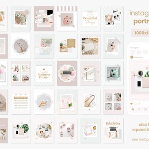 Puede incluir: Una colecci&oacute;n de 36 plantillas de publicaciones de Instagram en un esquema de color rosa claro y dorado. Las plantillas presentan varias im&aacute;genes, incluidas flores, tazas de caf&eacute;, libros y una computadora port&aacute;til. El texto "Small Business Owner", "Beautiful Things" y "Best Seller" aparece en algunas de las plantillas.