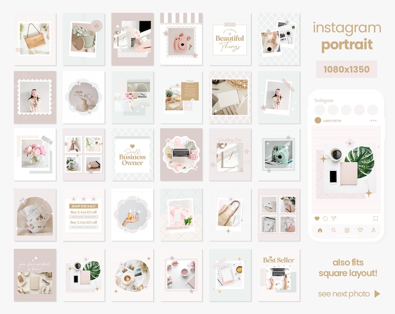 Puede incluir: Una colecci&oacute;n de 36 plantillas de publicaciones de Instagram en un esquema de color rosa claro y dorado. Las plantillas presentan varias im&aacute;genes, incluidas flores, tazas de caf&eacute;, libros y una computadora port&aacute;til. El texto "Small Business Owner", "Beautiful Things" y "Best Seller" aparece en algunas de las plantillas.