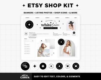 Ensemble boutique Etsy Modèles de bannières pour kit de marque Etsy dans la collection White Aesthetics, modèles modifiables sur toile noir blanc Etsy Shop Kit WLX