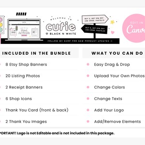 Puede incluir: Un paquete de dise&ntilde;o gr&aacute;fico para tiendas Etsy, con ilustraciones en blanco y negro de una computadora port&aacute;til, un coraz&oacute;n y una flor. El paquete incluye 8 banners de tienda Etsy, 20 fotos de productos, 2 banners de recibos, 6 iconos de tienda, una tarjeta de agradecimiento y 2 im&aacute;genes de agradecimiento. El texto "Bienvenido a cutie BLACK N WHITE" se muestra en la imagen. El texto "EDIT IN Canva" tambi&eacute;n se muestra en la imagen.