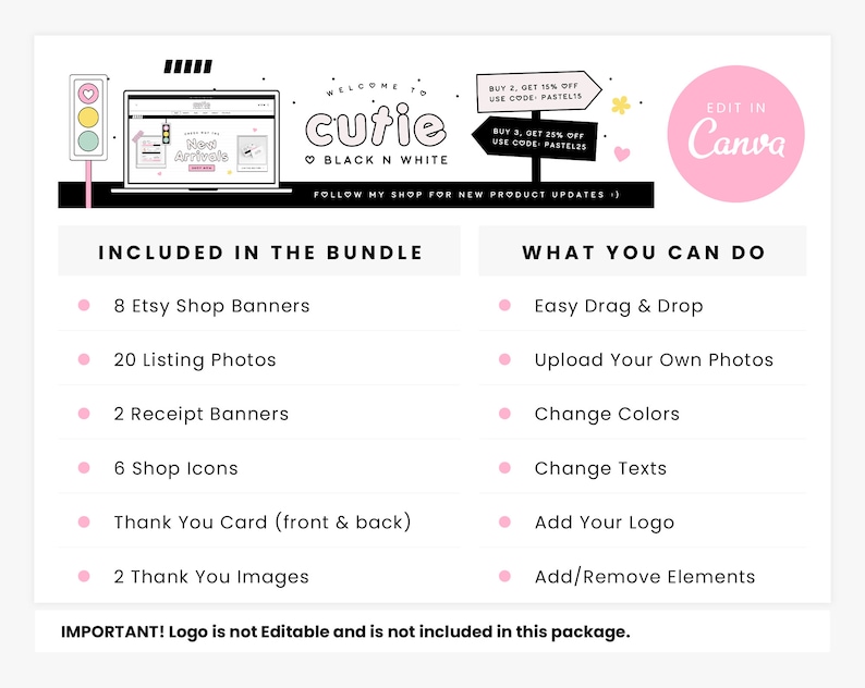 Puede incluir: Un paquete de dise&ntilde;o gr&aacute;fico para tiendas Etsy, con ilustraciones en blanco y negro de una computadora port&aacute;til, un coraz&oacute;n y una flor. El paquete incluye 8 banners de tienda Etsy, 20 fotos de productos, 2 banners de recibos, 6 iconos de tienda, una tarjeta de agradecimiento y 2 im&aacute;genes de agradecimiento. El texto "Bienvenido a cutie BLACK N WHITE" se muestra en la imagen. El texto "EDIT IN Canva" tambi&eacute;n se muestra en la imagen.