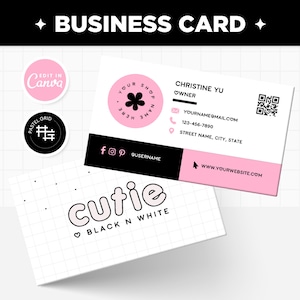 Business Card Template Editable in Canva, Black Pink White Customizable Calling Card Design in Cutie Black N White Collection - CBW
