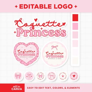 Editable Logo in Coquette Red Pink Bows Hearts Aesthetic Logo Design Customizable Colors Branding Boutique Shop Small Business Logo - CQP