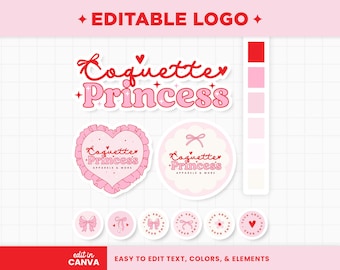 Logotipo editable en rojo, rosa, lazos, corazones, diseño estético, colores personalizables, marca, boutique, tienda, logotipo para pequeña empresa - CQP