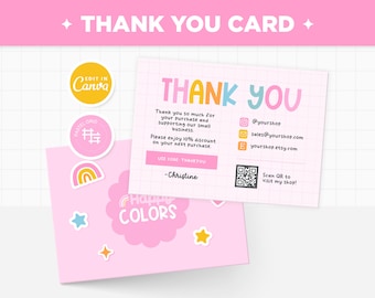 Thank You Card Template Editable in Canva, Rainbow Pink Orange Bright Colors Customizable Canva Thank You Card Design - HPC