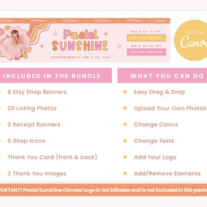 Puede incluir: Una plantilla de dise&ntilde;o gr&aacute;fico rosa y amarilla para banners de tienda Etsy, fotos de productos, banners de recibos, iconos de tienda, tarjetas de agradecimiento e im&aacute;genes de agradecimiento. La plantilla presenta una paleta de colores pastel con un logotipo circular que dice "Pastel Sunshine". El texto "Editar en Canva" tambi&eacute;n est&aacute; incluido en el dise&ntilde;o.
