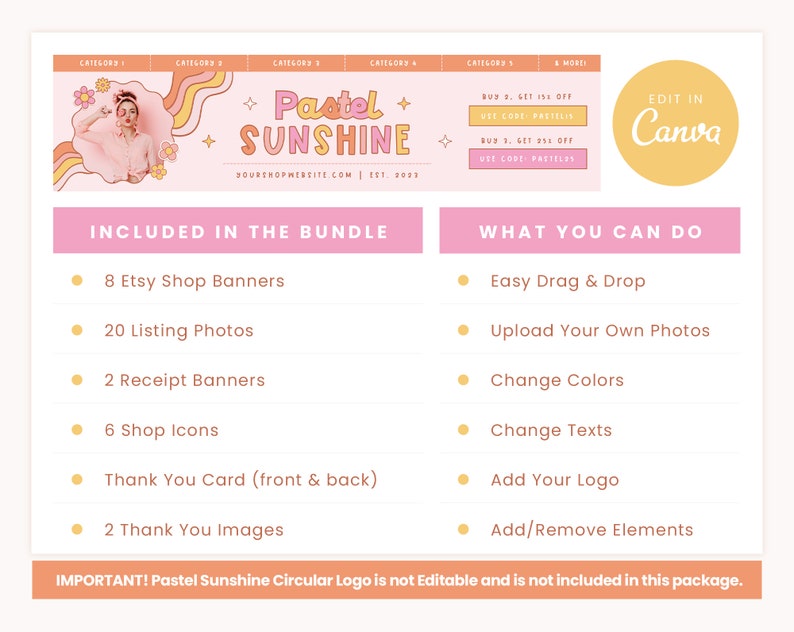 Puede incluir: Una plantilla de dise&ntilde;o gr&aacute;fico rosa y amarilla para banners de tienda Etsy, fotos de productos, banners de recibos, iconos de tienda, tarjetas de agradecimiento e im&aacute;genes de agradecimiento. La plantilla presenta una paleta de colores pastel con un logotipo circular que dice "Pastel Sunshine". El texto "Editar en Canva" tambi&eacute;n est&aacute; incluido en el dise&ntilde;o.