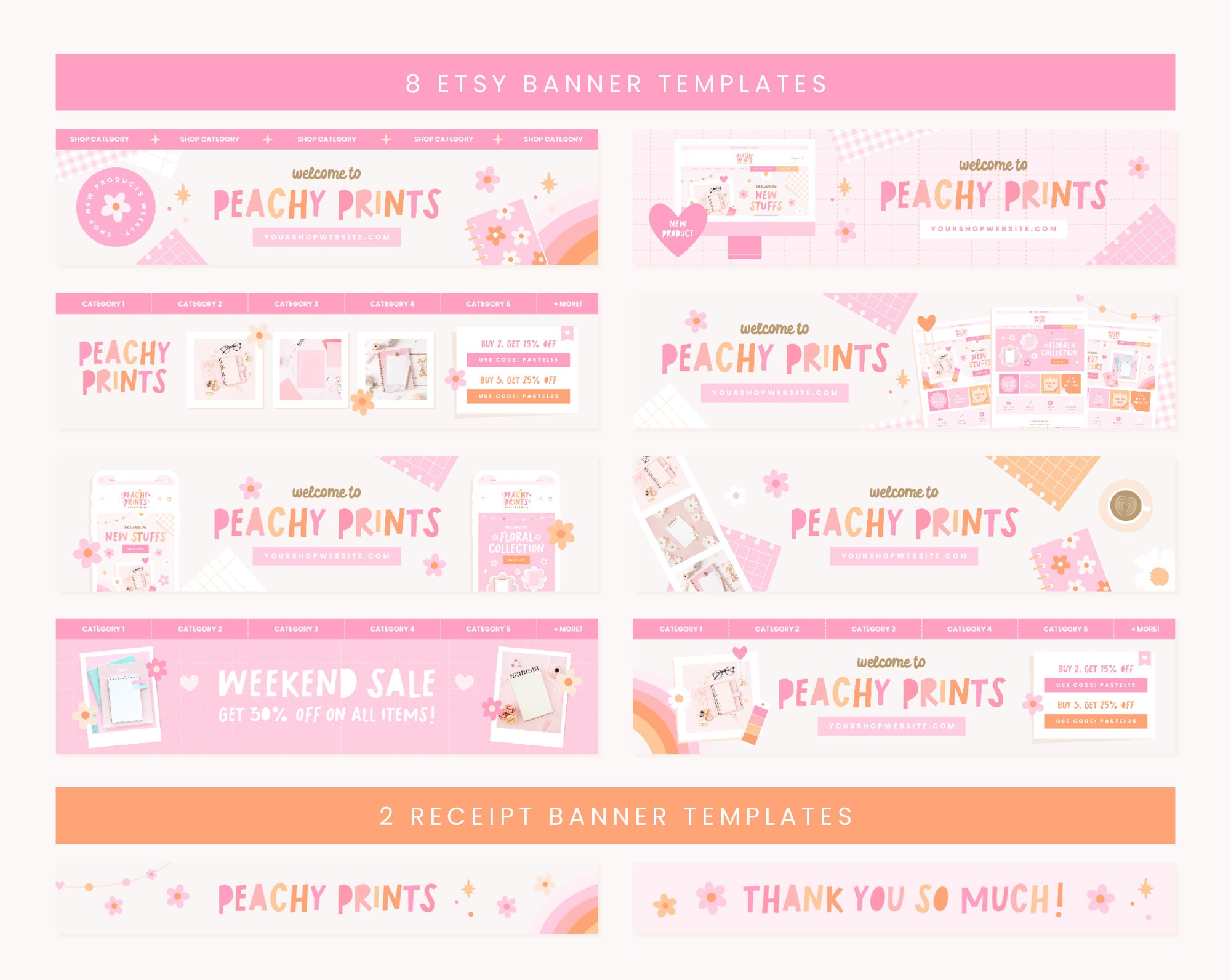 Etsy Shop Banner Templates, Pink Peach Orange Etsy Branding Kit ...