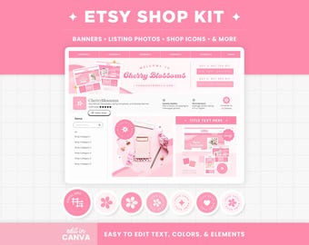 Etsy Shop Bundle - Banner Templates, Listing Photos, and Receipt Banner in Cherry Blossoms Collection, Editable Canva Templates Etsy Kit CBS