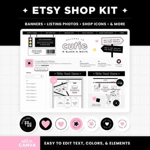 Etsy Shop Bundle - Etsy Banner Templates in Cute Black and White and Pink, Editable Etsy Branding Kit Canva Templates - Etsy Shop Kit - CBW
