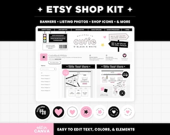 Etsy Shop Bundle - Etsy Banner Templates in Cute Black and White and Pink, Editable Etsy Branding Kit Canva Templates - Etsy Shop Kit - CBW