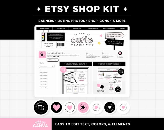 Etsy Shop Bundle - Etsy Banner Templates in Cute Black and White and Pink, Editable Etsy Branding Kit Canva Templates - Etsy Shop Kit - CBW