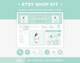 Etsy Shop Banner Templates, Mint Green Minimalist Etsy Branding Kit Template Editable Canva Banner Templates Mint Etsy Shop Bundles - PMT