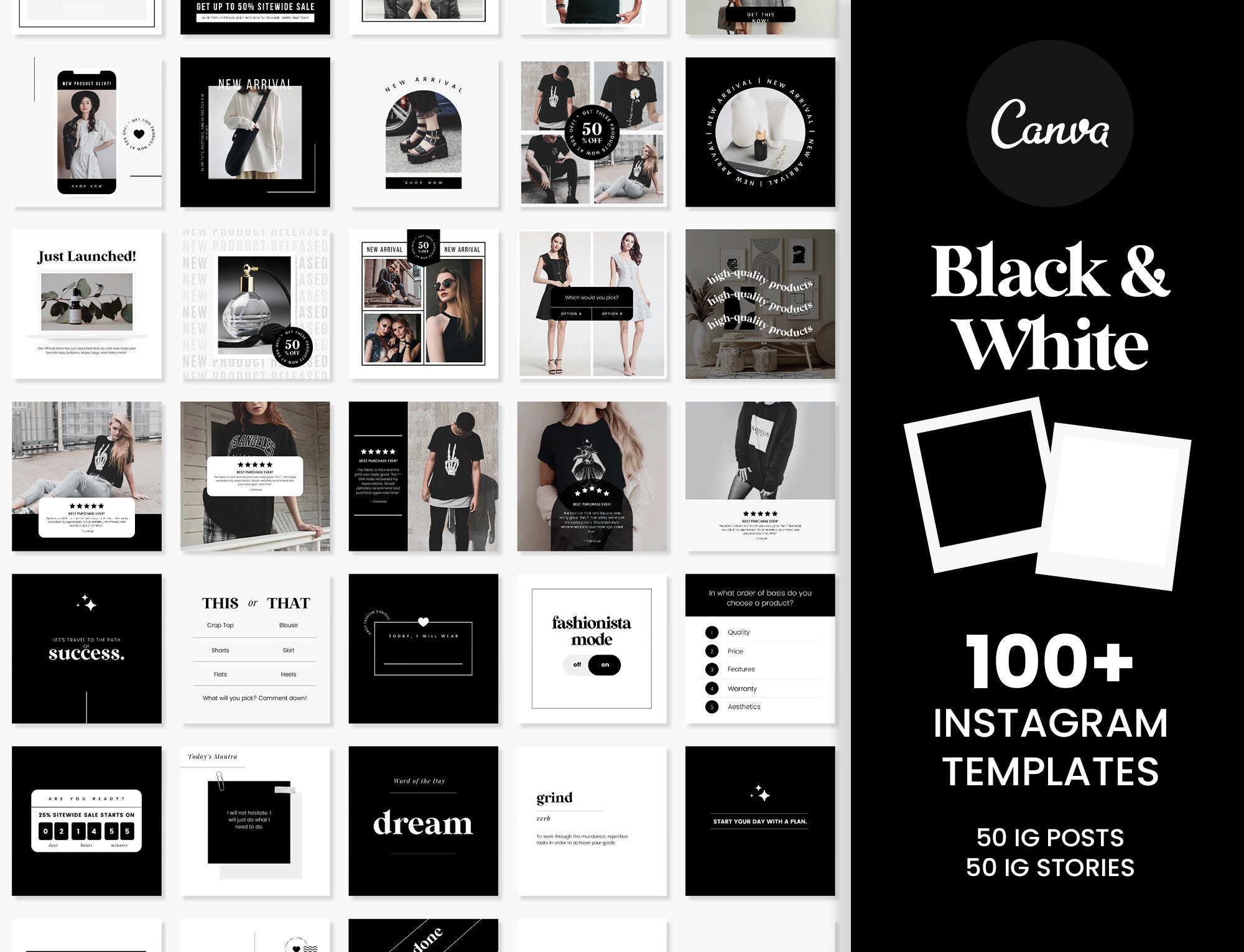 Black and White Instagram Templates Editable in Canva Social Etsy