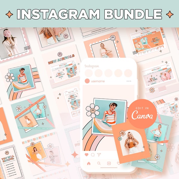 Instagram Posts Template Boho Pastel Groovy Rainbow Bundle in Square Portrait Stories Canva Editable Pink Orange Cute Social Media Templates