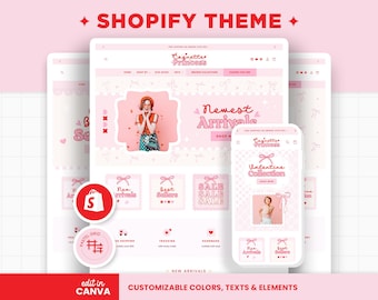 Tema de Shopify Coquette con lazos rojos y rosas, personalizable, para comercio electrónico, banners editables de Canva, tema de Shopify con estética boutique - CQP