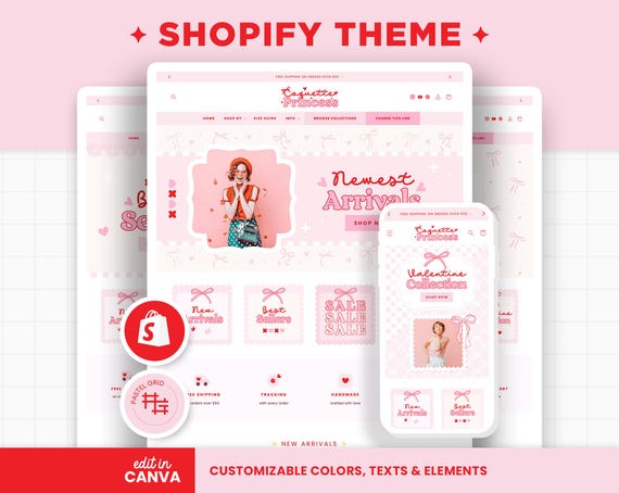 Shopify Theme Coquette Red Pink Bows Customizable Ecommerce Shopify Theme Editable Canva Banners Boutique Aesthetic Shopify Theme - CQP