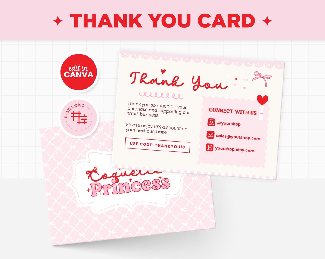 Thank You Card Template Editable in Canva, Coquette Pink Red Colors ...