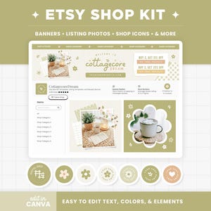 Etsy Shop Banner Templates, Cottagecore Sage Green Editable Etsy Branding Kit Template Canva Banner Templates Etsy Shop Design Bundles - CDR