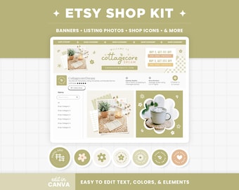 Plantillas de banner para tienda de Etsy, kit de marca editable en verde salvia cottagecore para Etsy, plantillas de banner de Canva, paquetes de diseño para tienda de Etsy - CDR