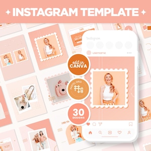 Instagram Posts Template Peach Pink Gold Aesthetic Bundle in Square Portrait Stories Canva Editable Pink Pastel Stamp Social Media - PCR