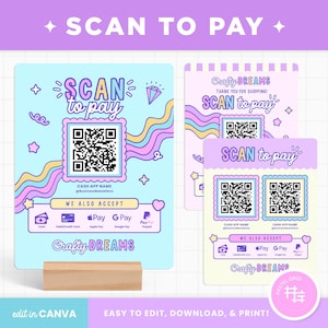 May include: Pastel-colored "Scan to Pay" signs with QR codes and payment options. The signs feature the text "Crafty Dreams" and accept various payment methods. The design includes wavy lines, stars, and a diamond.