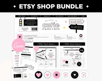 Etsy Shop Bundle - Etsy Banner Templates in Cute Black and White and Pink, Editable Etsy Branding Kit Canva Templates - Etsy Shop Kit