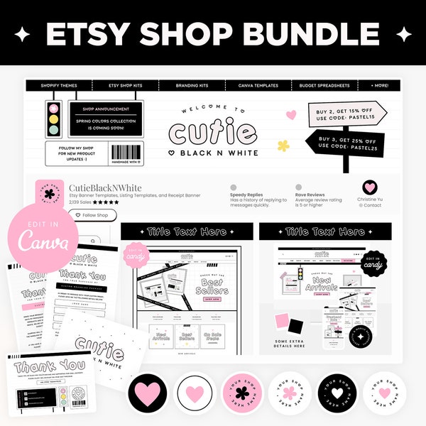 Etsy Shop Bundle - Etsy Banner Vorlagen in Schwarz und Weiß und Pink, bearbeitbares Etsy Branding Kit Canva Templates - Etsy Shop Kit