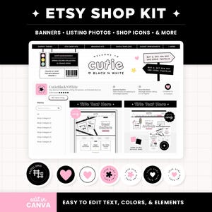 Etsy Shop Bundle - Etsy Banner Templates in Cute Black and White and Pink, Editable Etsy Branding Kit Canva Templates - Etsy Shop Kit - CBW