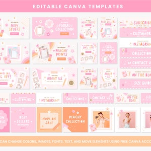 Puede incluir: Un conjunto de plantillas de redes sociales de color rosa y melocot&oacute;n para tiendas Etsy. Las plantillas presentan ilustraciones de flores, l&aacute;pices y otros art&iacute;culos de papelerie. El texto en las plantillas incluye frases como "Nuevas llegadas", "Los m&aacute;s vendidos" e "Impresiones de melocot&oacute;n".