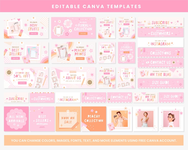 Puede incluir: Un conjunto de plantillas de redes sociales de color rosa y melocot&oacute;n para tiendas Etsy. Las plantillas presentan ilustraciones de flores, l&aacute;pices y otros art&iacute;culos de papelerie. El texto en las plantillas incluye frases como "Nuevas llegadas", "Los m&aacute;s vendidos" e "Impresiones de melocot&oacute;n".