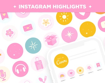 Instagram Highlight Covers in Rainbow Bright Pink Orange Blue Yellow Colors - Canva Editable Templates for IG - HPC