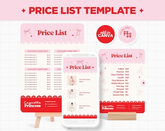 Price List Canva Template in Coquette Aesthetic, Pink and Red Customizable Item Price List Display Printable Template - CQP
