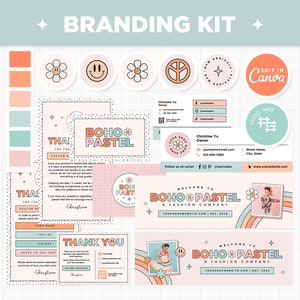 Kit de branding Boho Pastel Groovy Aesthetic Canva Template Cartão de visita editável Obrigado Facebook Pinterest Instagram Destaque Youtube BPT