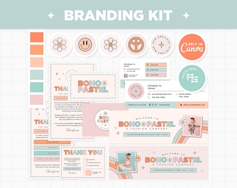 Branding Kit Boho Pastel Groovy Aesthetic Canva Template Editable Business Card Thank You Facebook Pinterest Instagram Highlight Youtube BPT