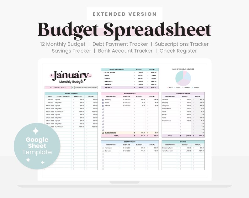 Pastel Budget Spreadsheet Extended, Digital Budget Planner, Annual and Monthly Budget Google Sheet Editable Template, Savings, Debt Payment 