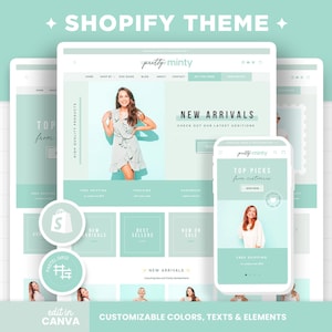Tema Shopify Verde Menta Minimalista Personalizável Modelo Shopify Editável Banners Canva Design de Boutique Cores Brilhantes Design de Loja - PMT