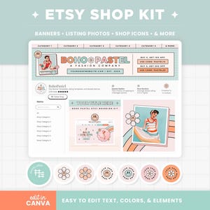 Etsy Shop Banner Templates Boho Pastel Retro Groovy Aesthetic Etsy Branding Kit Template Editable Canva Banner Mockup Etsy Shop Bundle - BPT