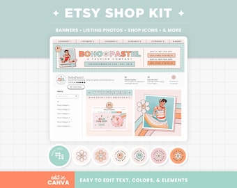 Etsy Shop Banner Templates Boho Pastel Retro Groovy Aesthetic Etsy Branding Kit Template Editable Canva Banner Mockup Etsy Shop Bundle - BPT