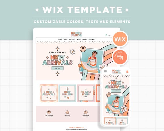Wix Template in Boho Pastel Rainbow Groovy Cute Wix Website Theme, Editable Canva Customizable Shop Design Templates, Wix Theme Design - BPT