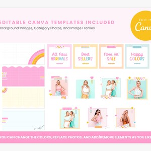 May include: A collection of editable Canva templates featuring pastel-colored backgrounds, category photo frames, and decorative elements. Text includes "All New ARRIVALS," "Best SELLERS," "Now on SALE," and "Happy COLORS" with graphic accents.